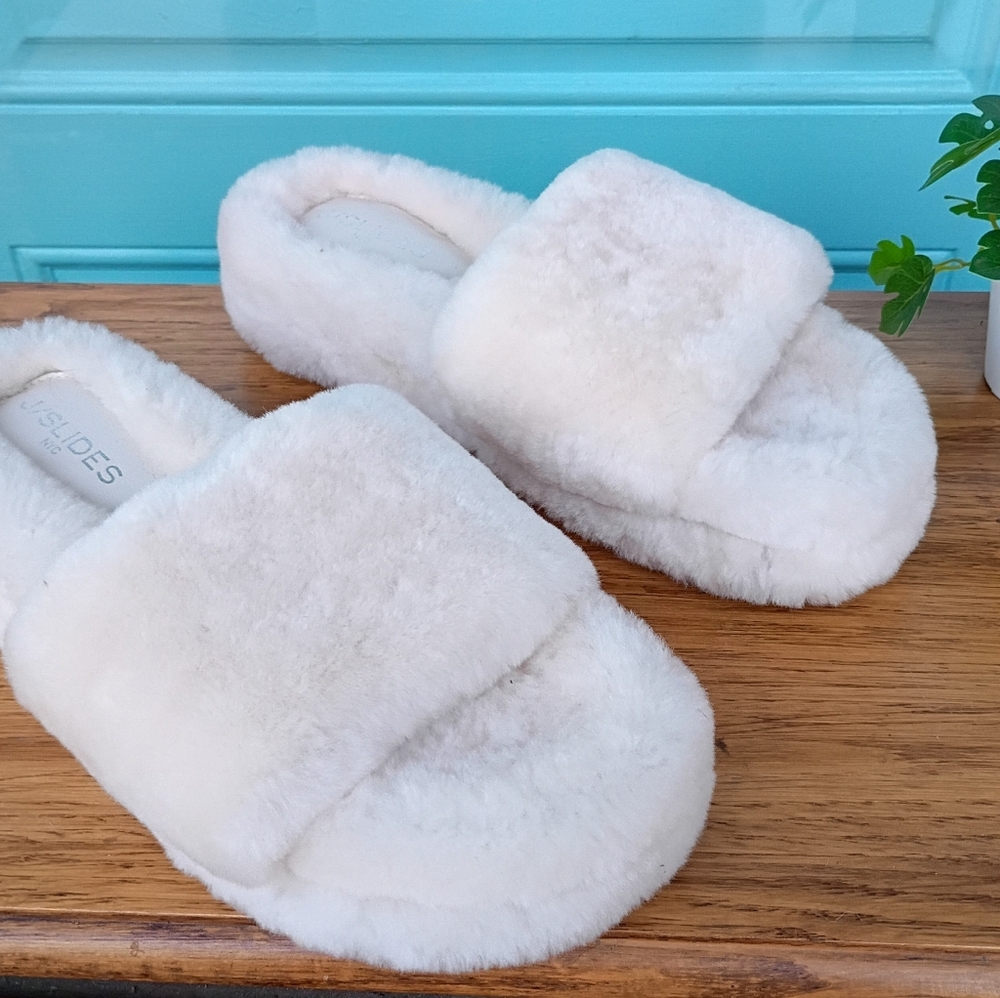 ANTHROPOLOGIE J/SLIDES "BRYCE" SZ 10 M PLUSH SHEARLING SLIDES